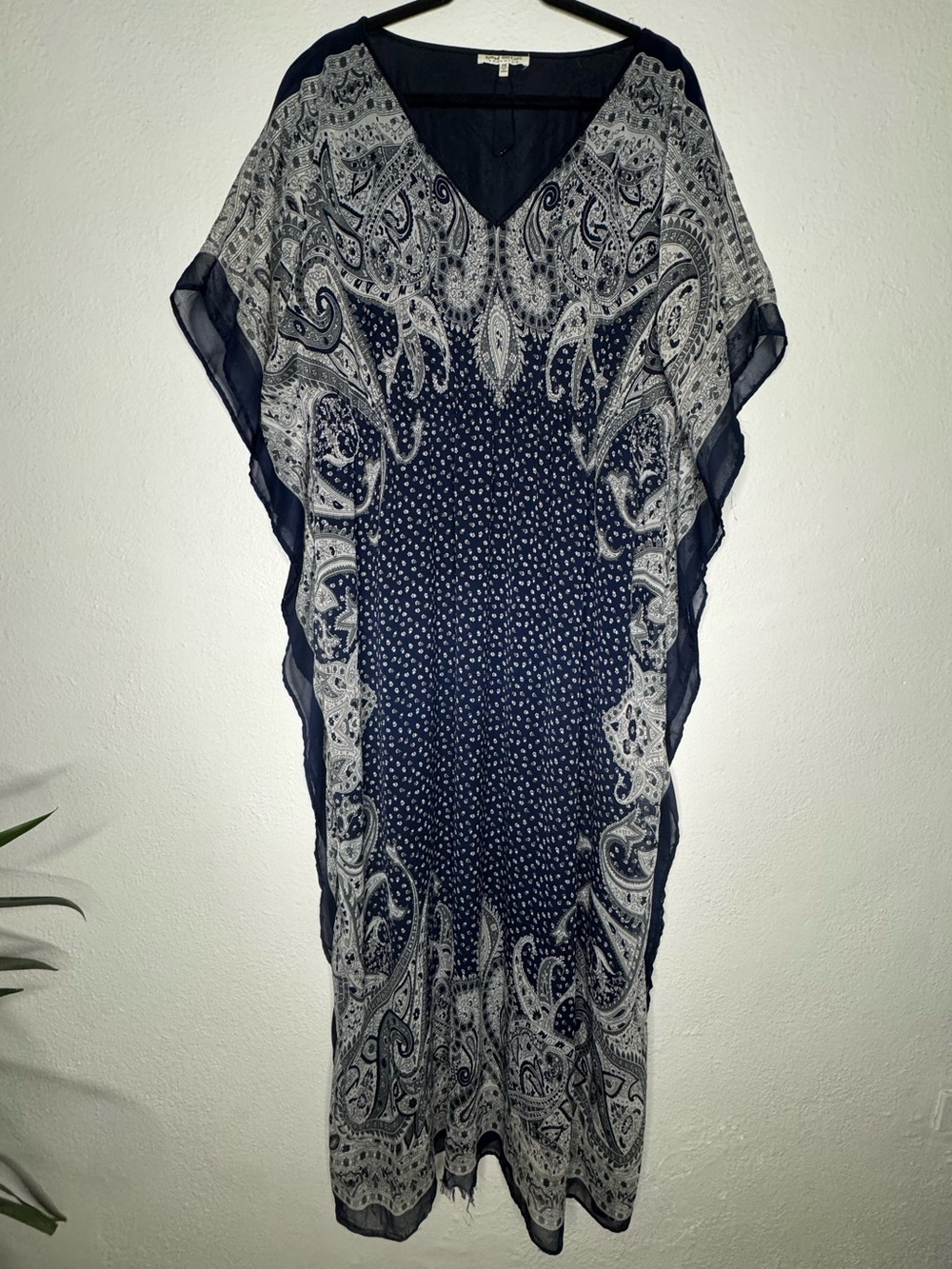 Vintage Speed Control Blue White Paisley Maxi Dress Chiffon Kaftan Kimono 2X